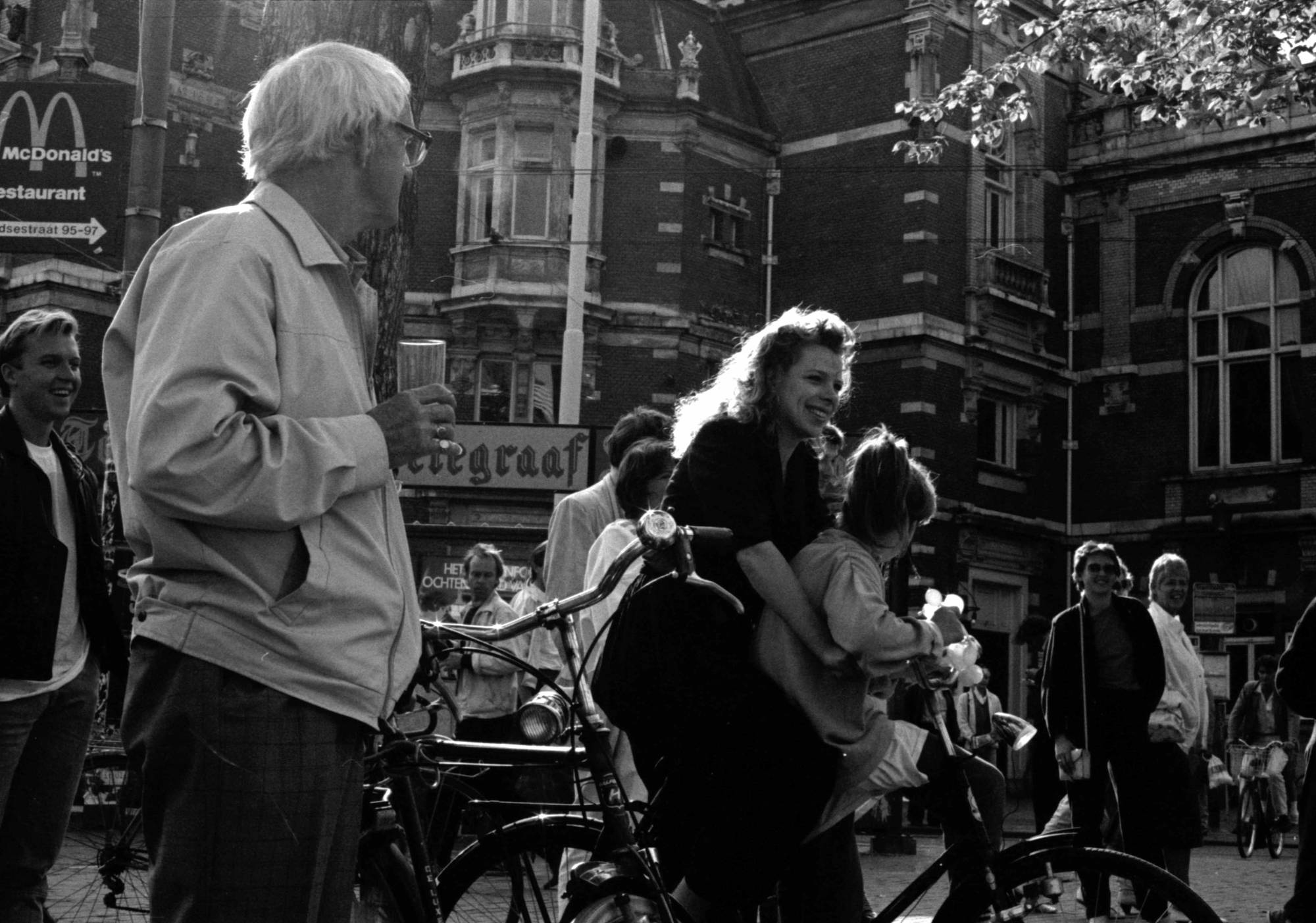 publiek, straat, theater, leidseplein, jaren, 80, fotografie, foto, fiets